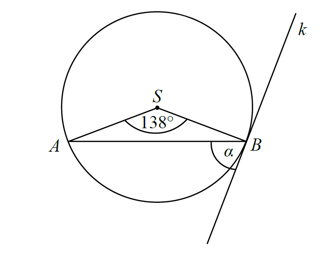 W okręgu o środku S zaznaczono kąt oparty na łuku AB. Przez punkt B poprowadzono prostą k styczną do okręgu.