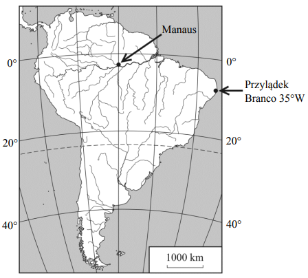 Na mapie konturowej Ameryki Południowej zaznaczono port rzeczny Manaus oraz najdalej na wschód wysunięty punkt kontynentu – przylądek Branco, dla którego podano długość geograficzną.