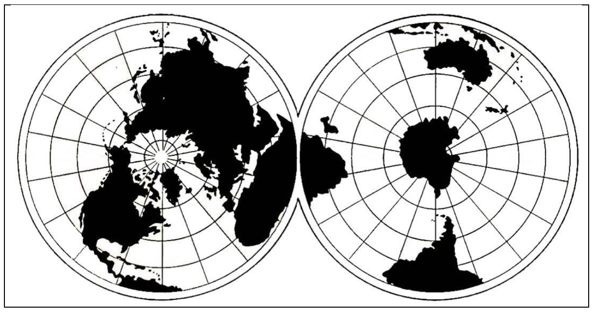 Na rysunku, w tej samej skali, przedstawiono obie półkule: północną i południową.