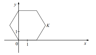 W układzie współrzędnych narysowano sześciokąt foremny o boku 2 tak, że jednym z jego wierzchołków jest punkt (0, 0), a jeden z jego boków leży na osi x.