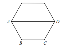 Na rysunku przedstawiono sześciokąt foremny o boku równym 2 cm. Przekątna AD dzieli go na dwa przystające trapezy równoramienne.