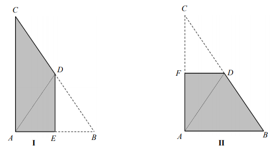 Pole czworokąta I jest równe polu czworokąta II. Obwód czworokąta I jest mniejszy od obwodu czworokąta II.